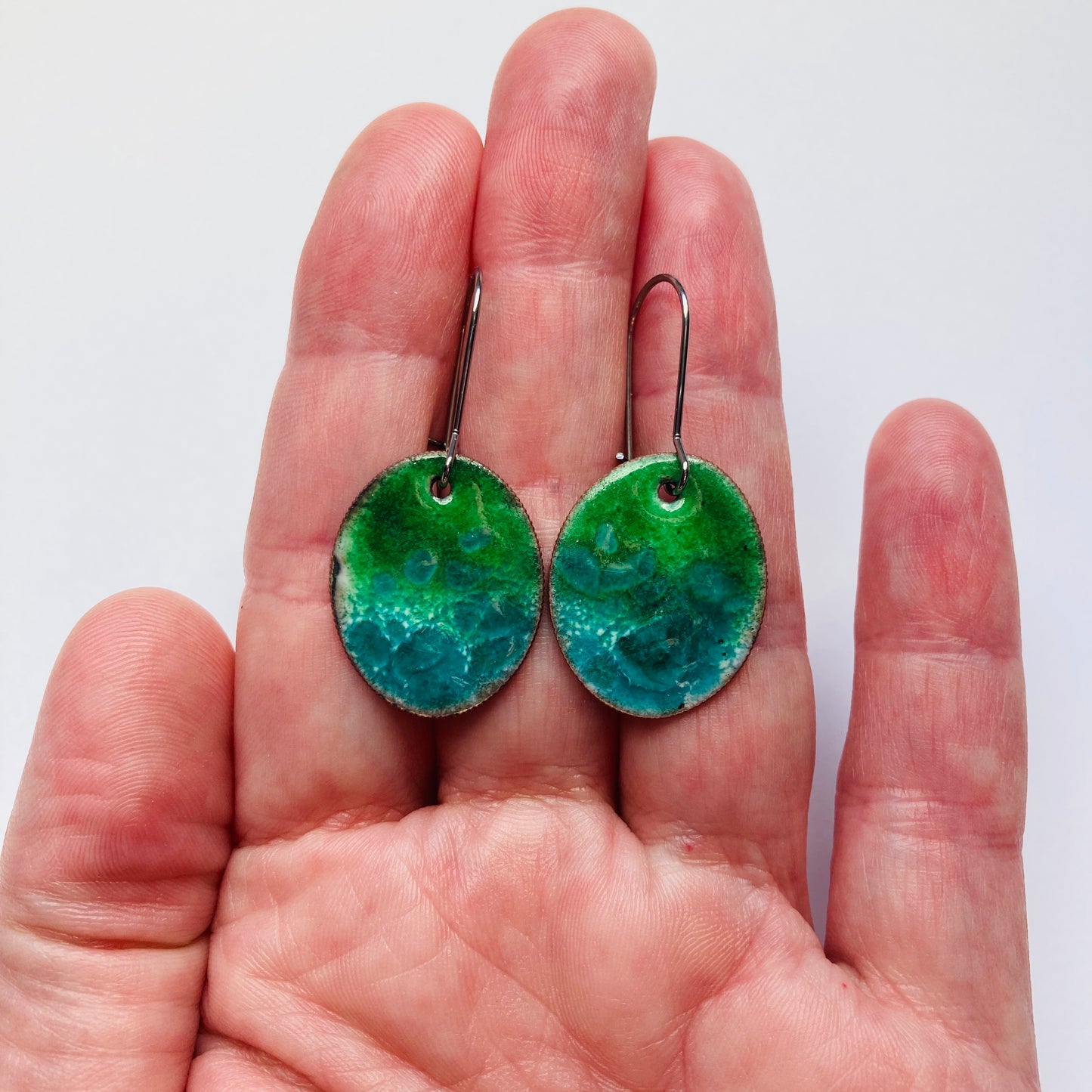 Blue/Green Enameled Coin Earrings