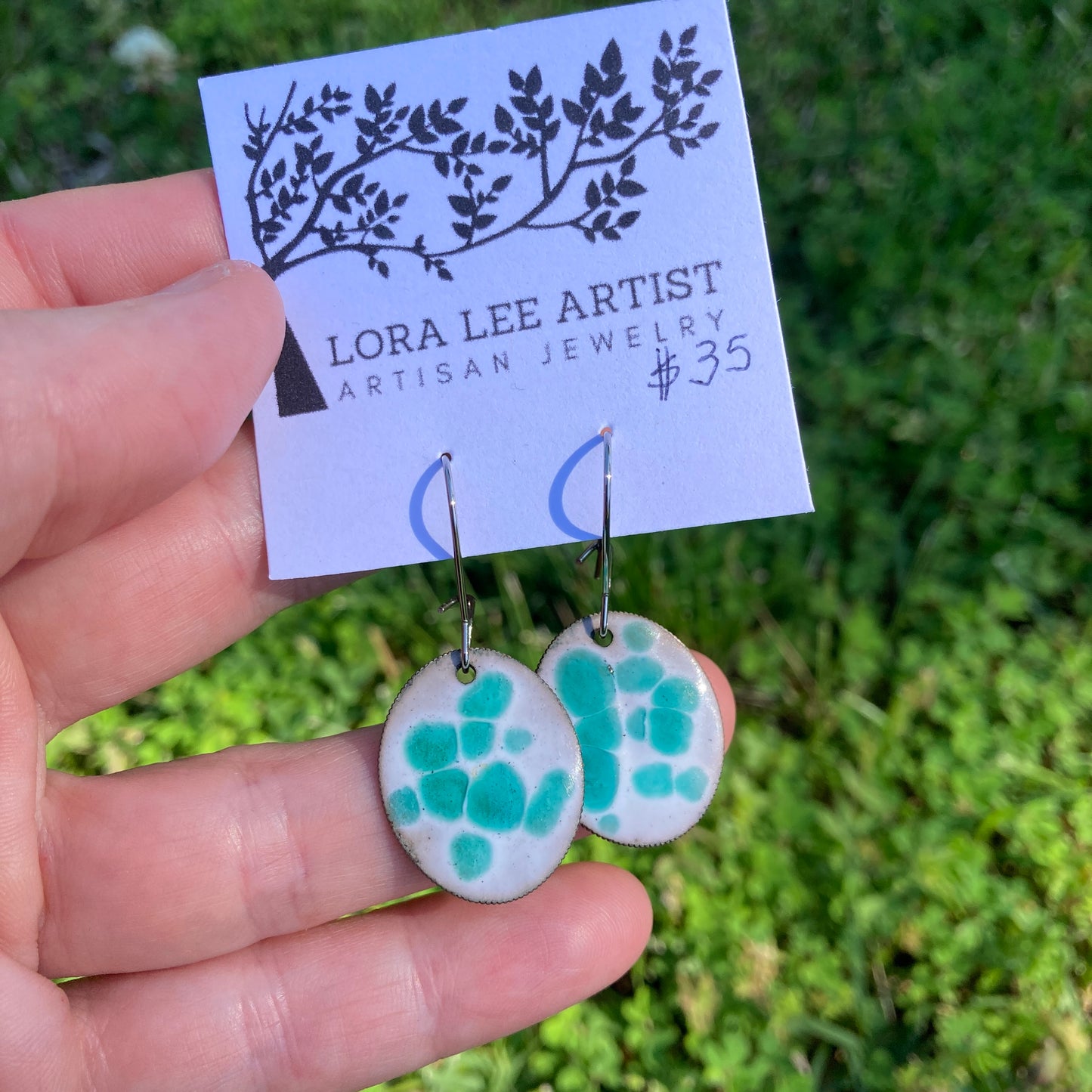 Green/White Polka Dot Enameled Coin Earrings