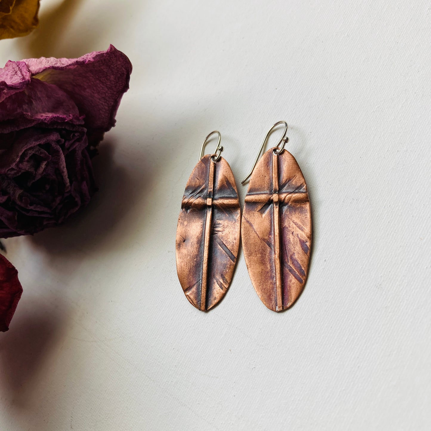 Oval Cross Fold Formed Copper Earrings