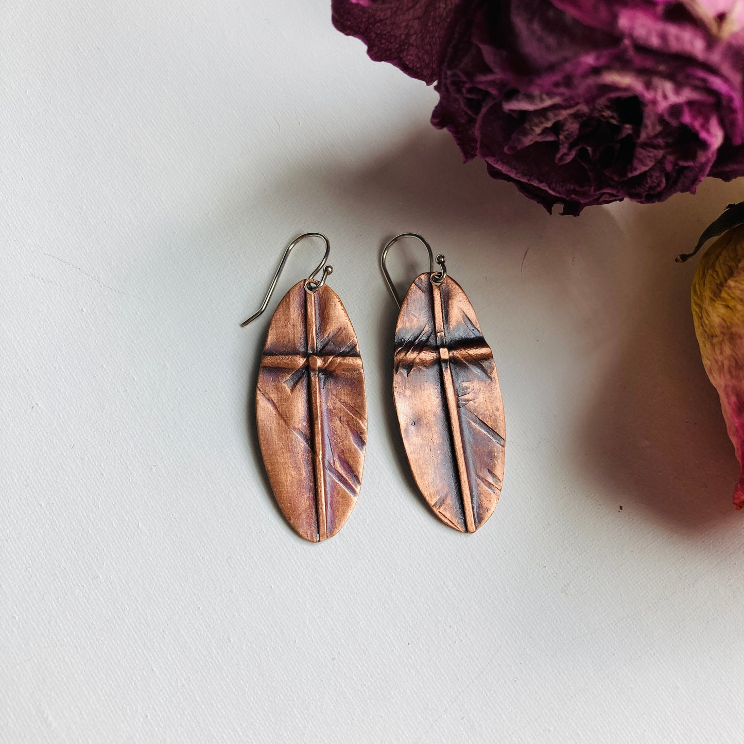 Oval Cross Fold Formed Copper Earrings