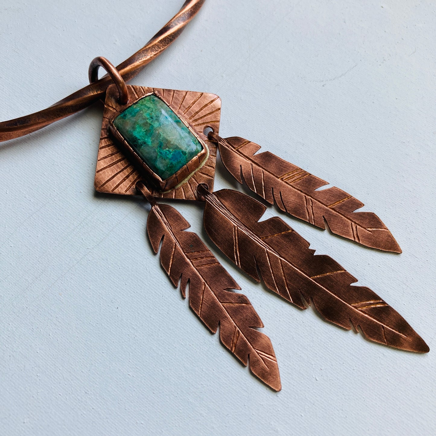 Feather Chrysocolla Copper Torque Necklace