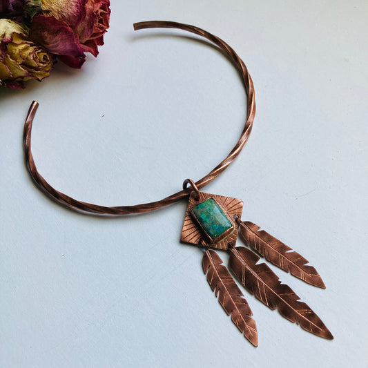 Feather Chrysocolla Copper Torque Necklace