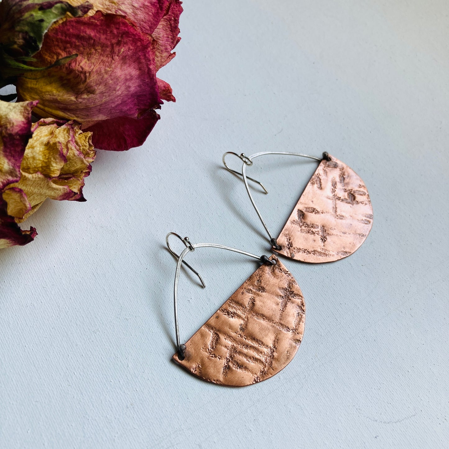 Textured Copper and Silver Earrings