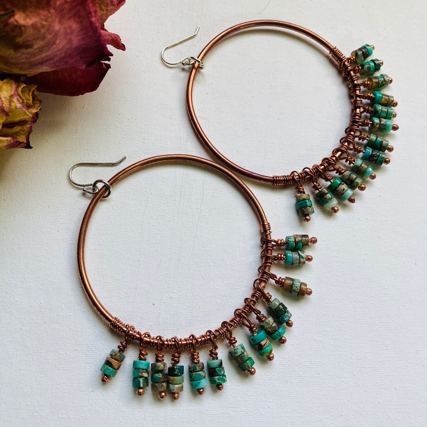 Blue Green Beaded Copper Earrings