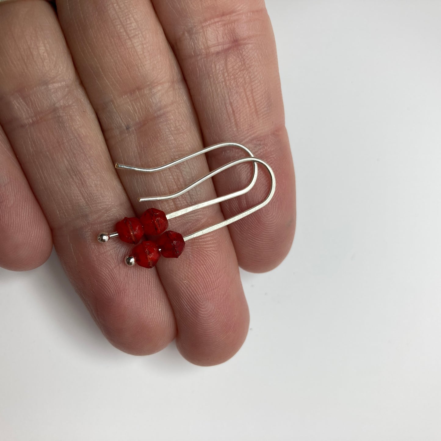 Red Beaded Fine Silver Earrings