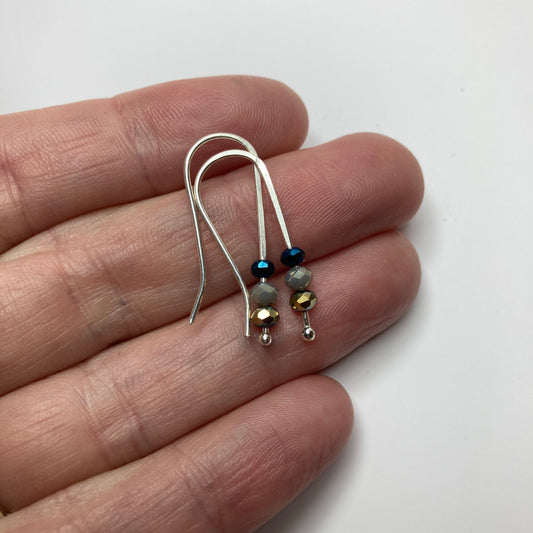 Blue Gray Gold Beaded Fine Silver Earrings