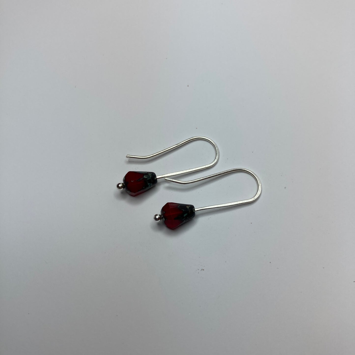 Red Drop Beaded Fine Silver Earrings