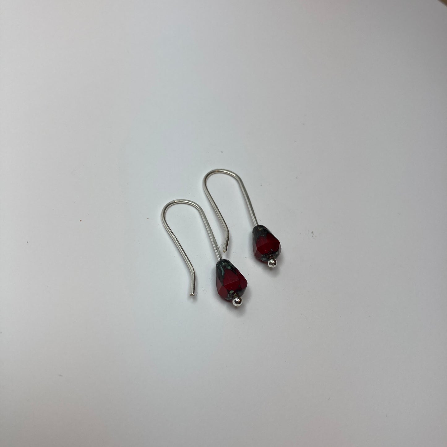 Red Drop Beaded Fine Silver Earrings