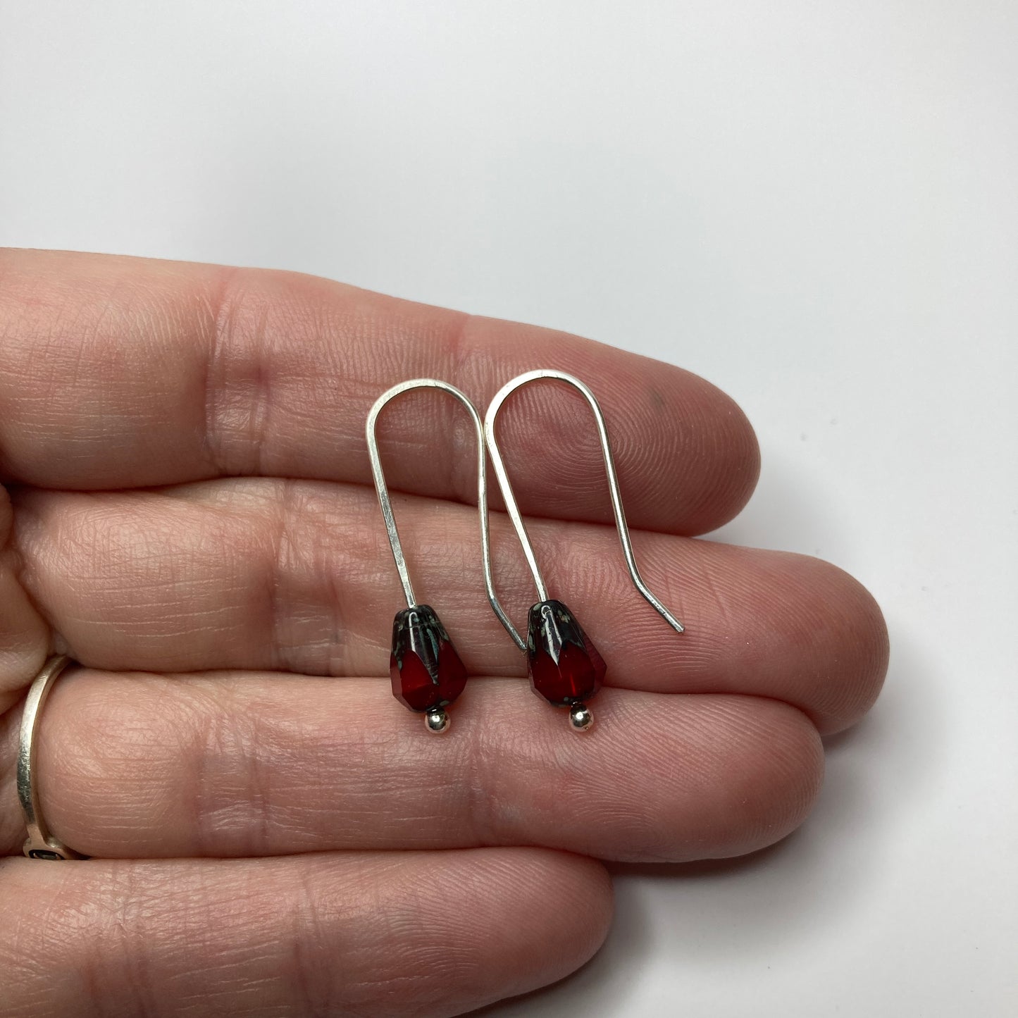 Red Drop Beaded Fine Silver Earrings