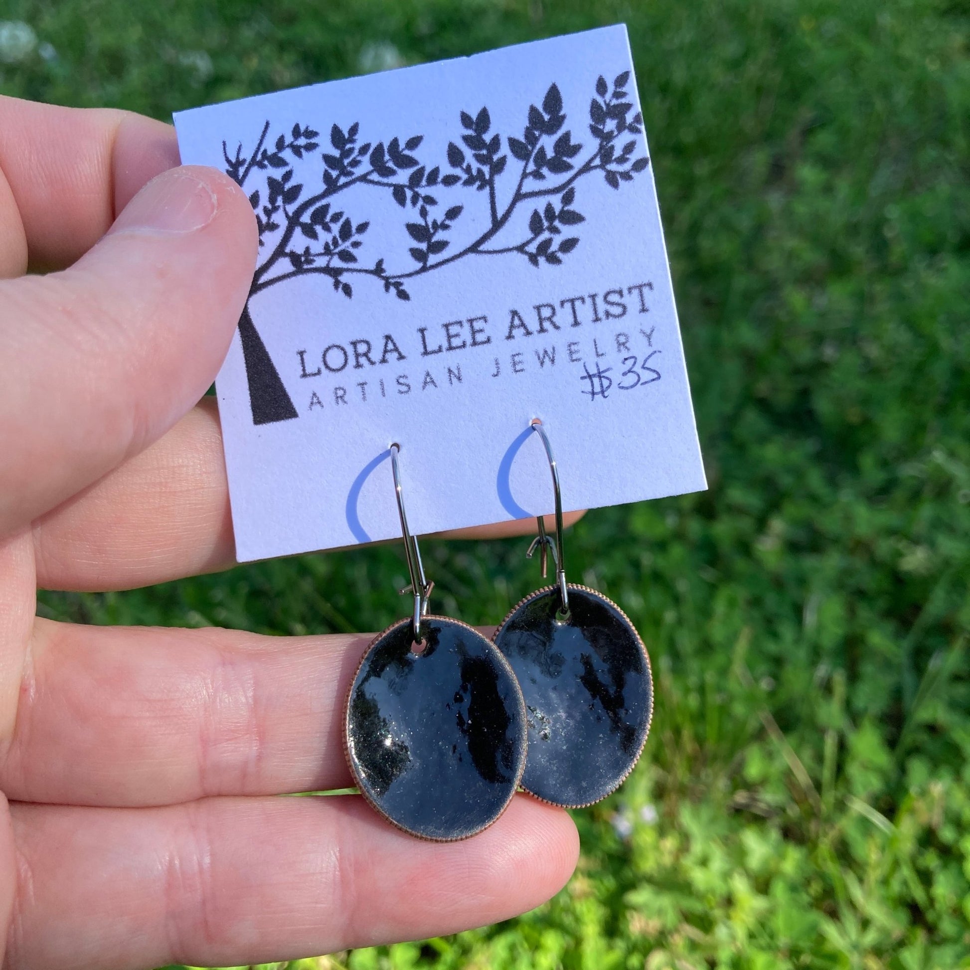 Black Enameled Coin Earrings - LoraLeeArtist