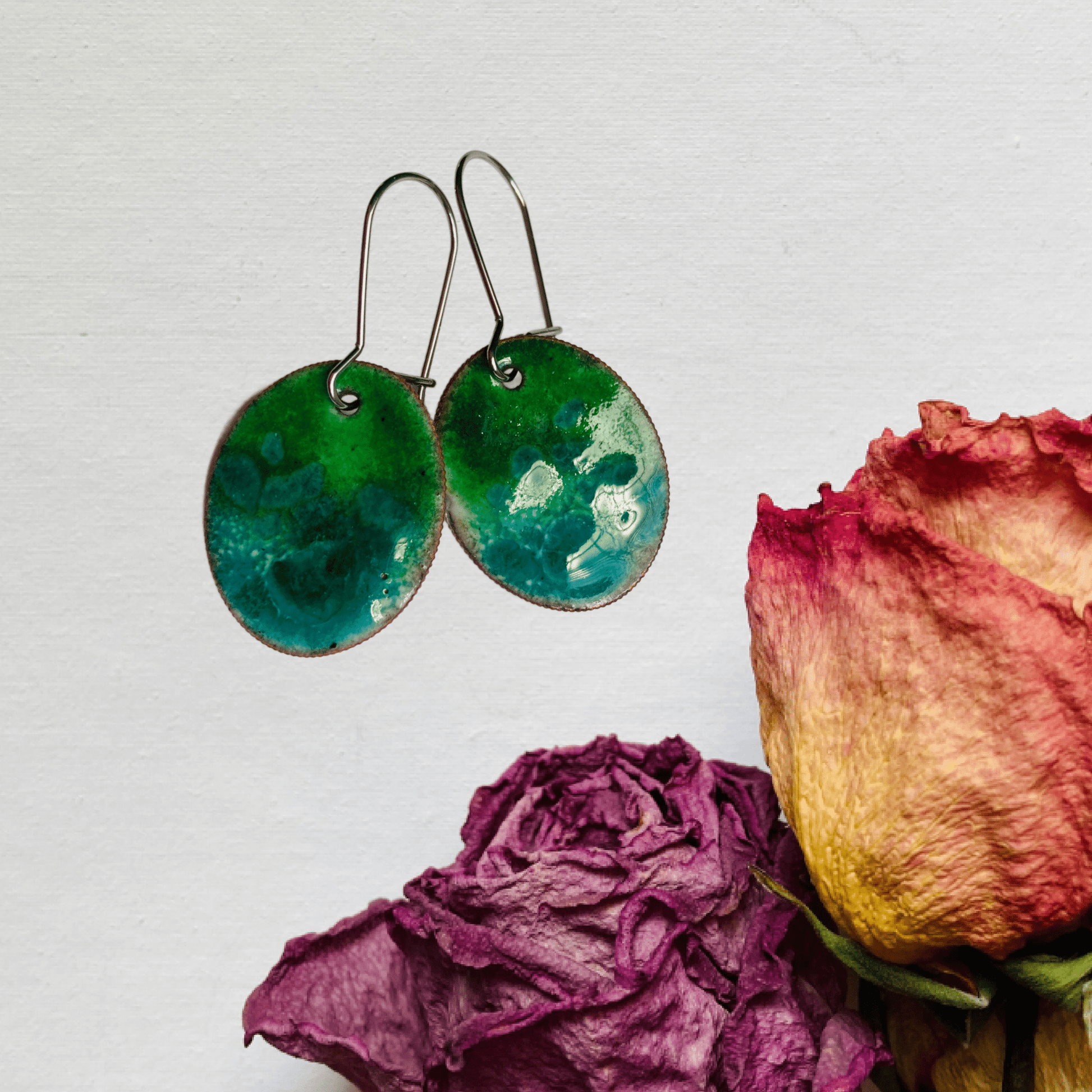 Blue/Green Enameled Coin Earrings - LoraLeeArtist