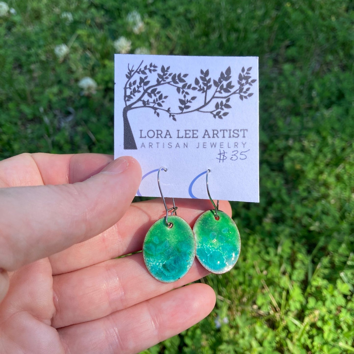 Blue/Green Enameled Coin Earrings - LoraLeeArtist