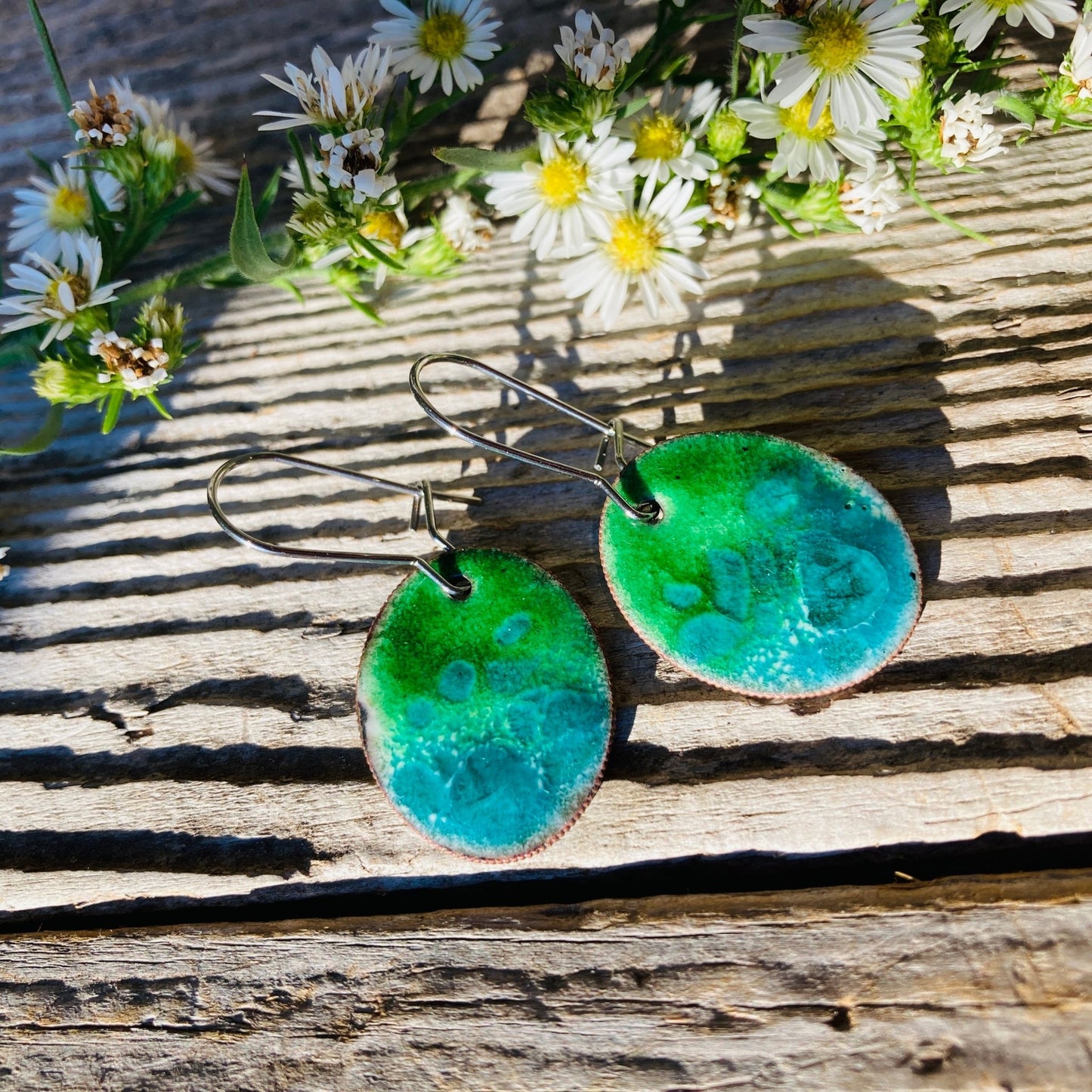 Blue/Green Enameled Coin Earrings - LoraLeeArtist