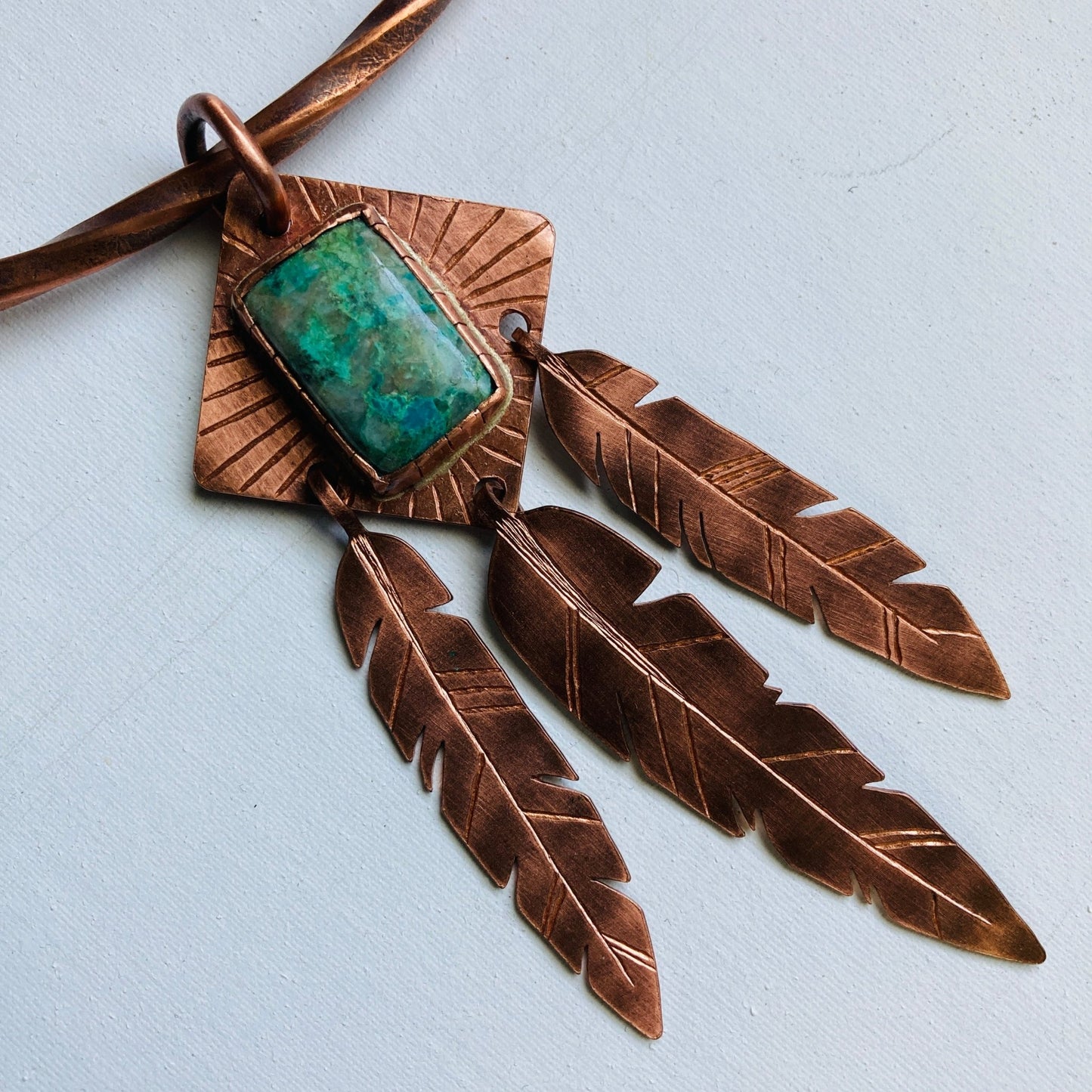 Feather Chrysocolla Copper Torque Necklace - LoraLeeArtist