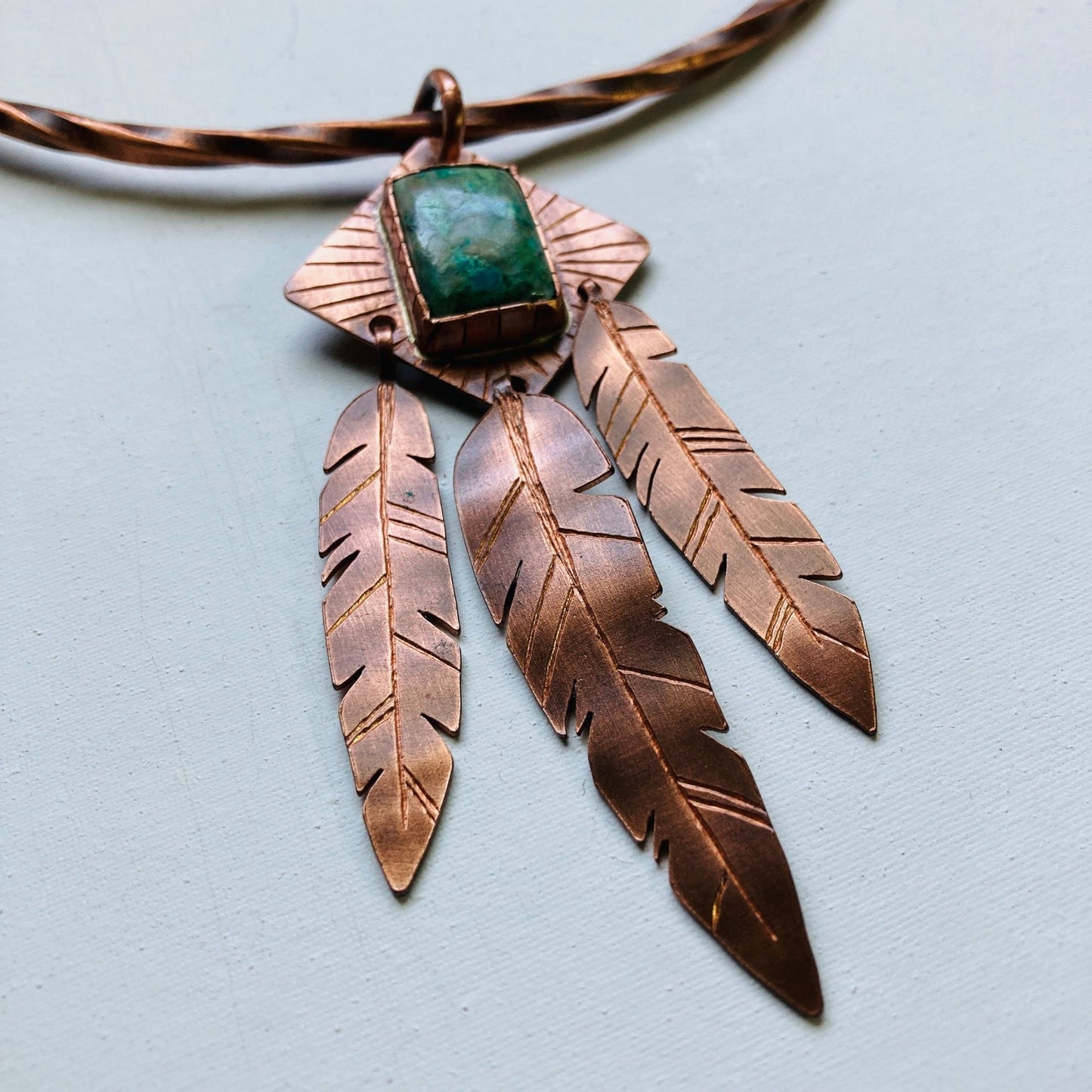 Feather Chrysocolla Copper Torque Necklace - LoraLeeArtist