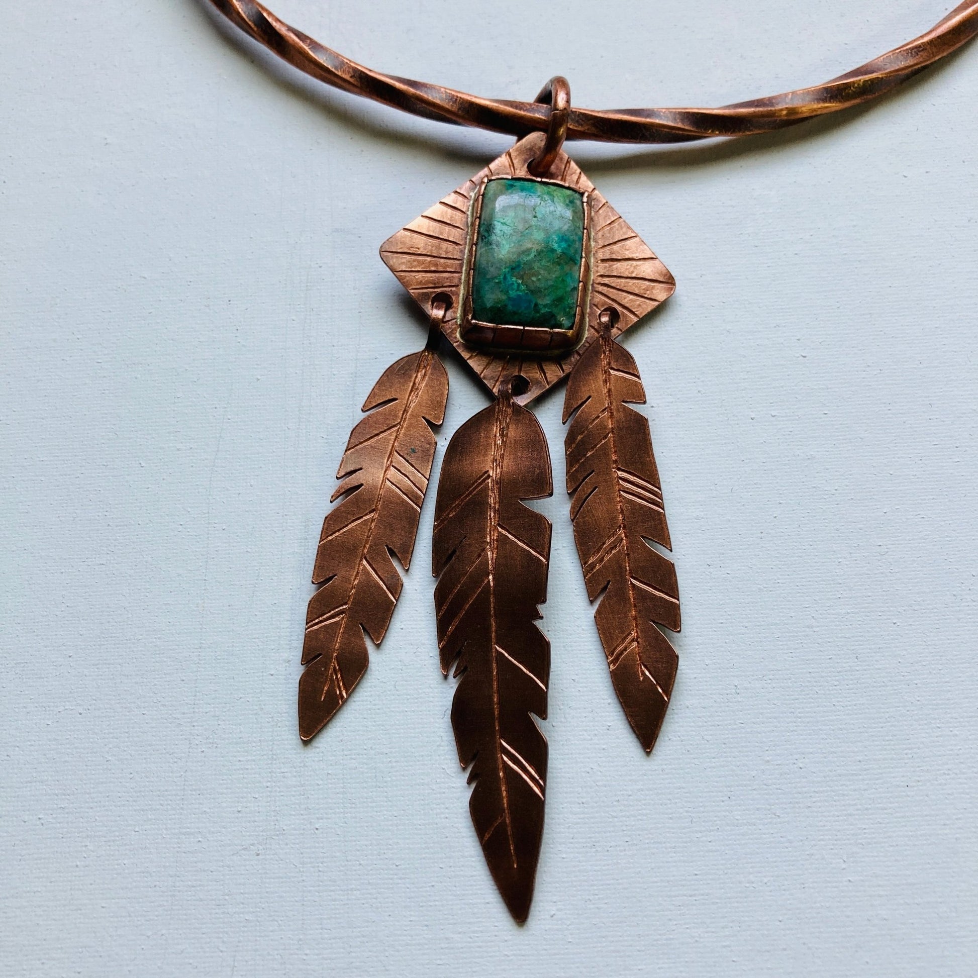 Feather Chrysocolla Copper Torque Necklace - LoraLeeArtist