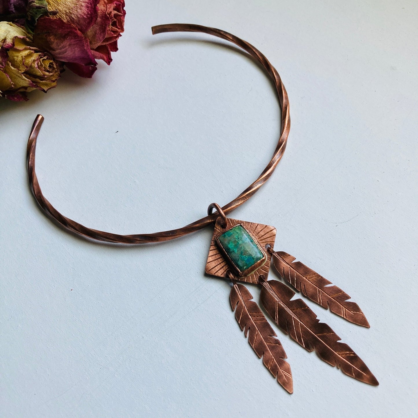 Feather Chrysocolla Copper Torque Necklace - LoraLeeArtist