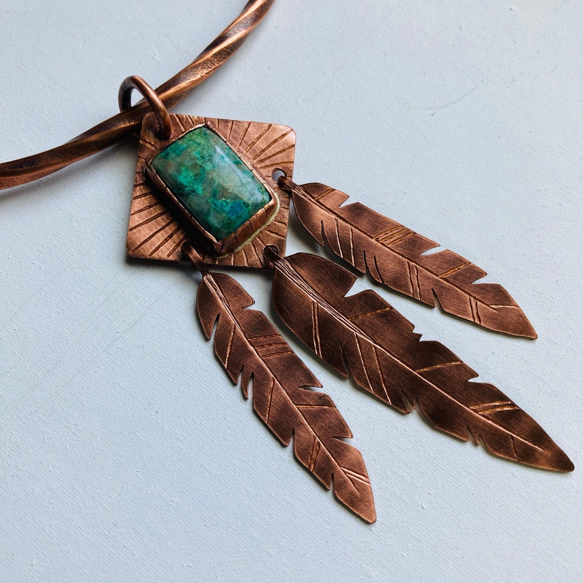 Feather Chrysocolla Copper Torque Necklace - LoraLeeArtist