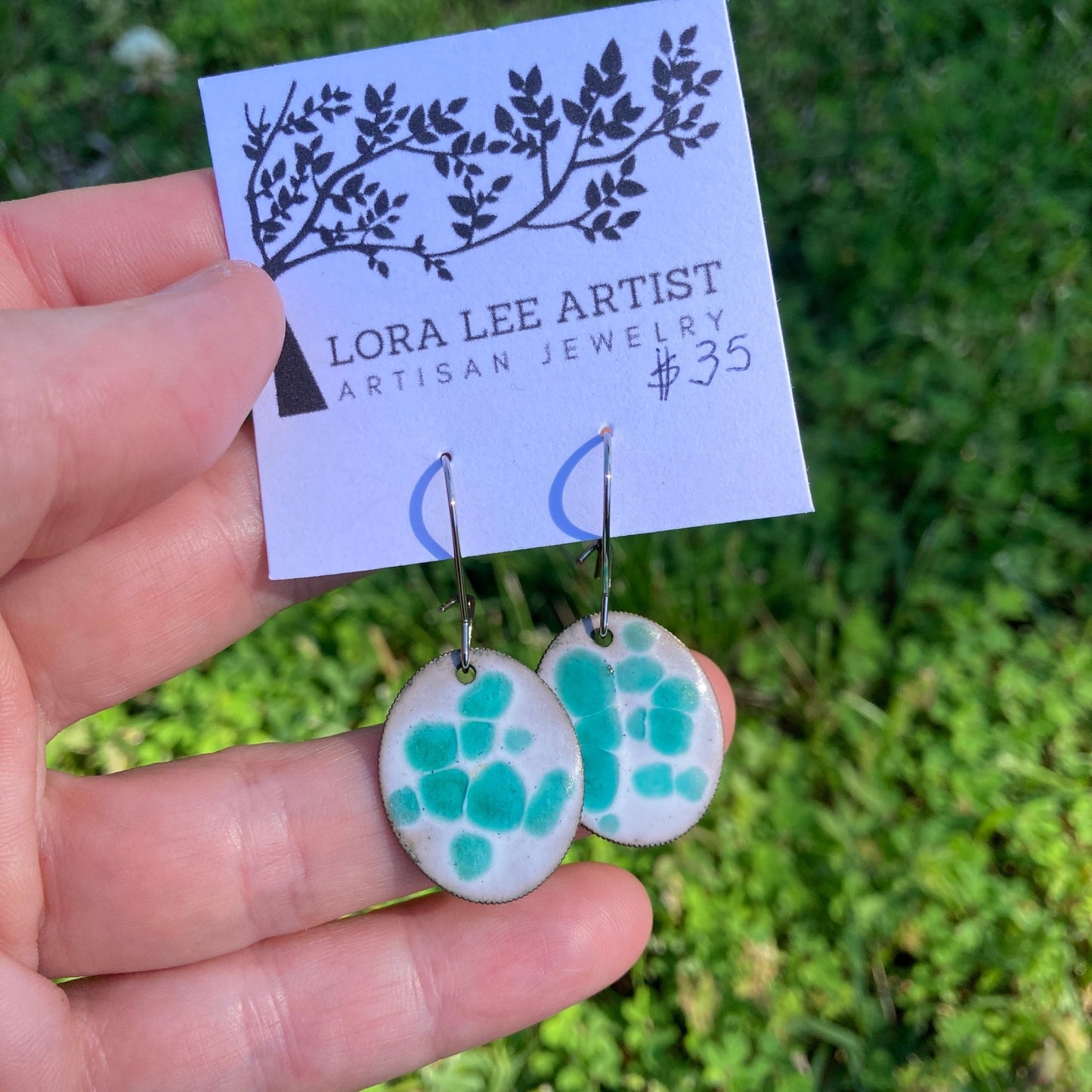 Green/White Polka Dot Enameled Coin Earrings - LoraLeeArtist