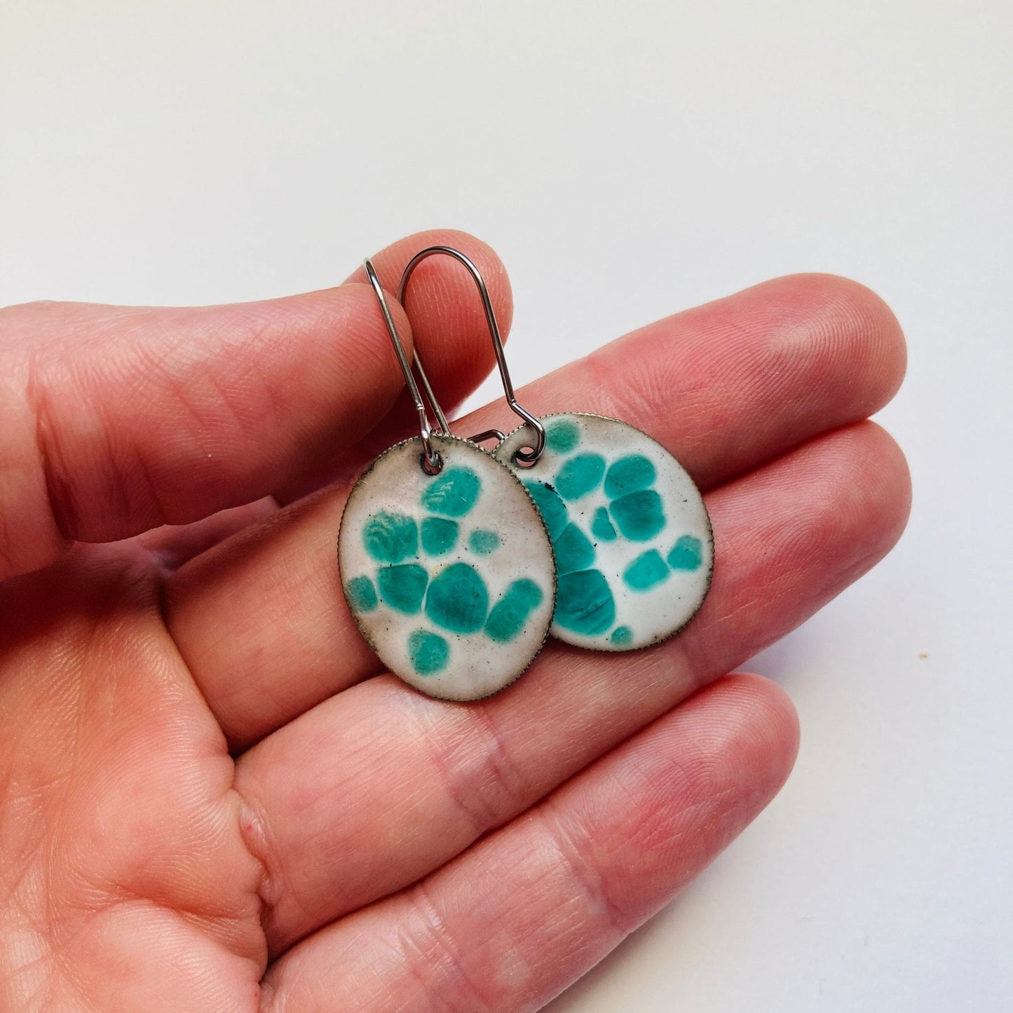 Green/White Polka Dot Enameled Coin Earrings - LoraLeeArtist