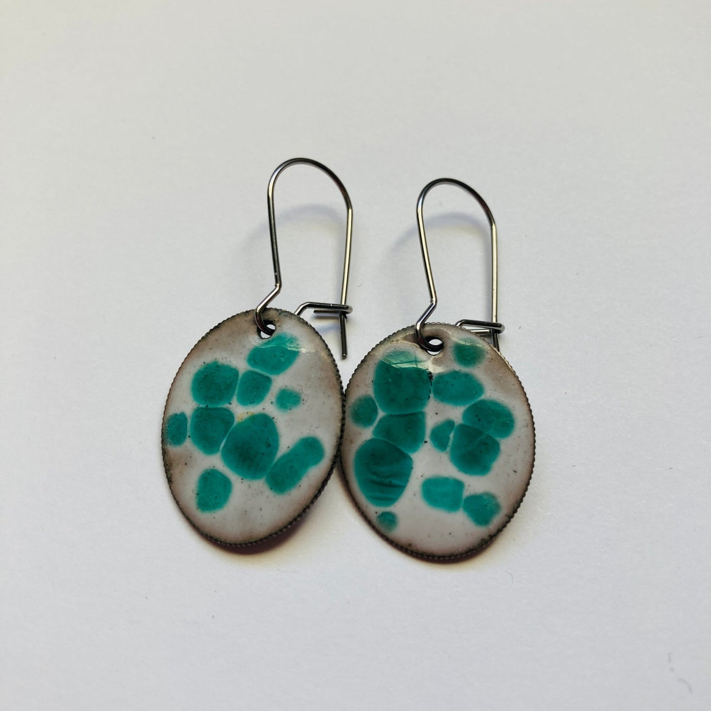 Green/White Polka Dot Enameled Coin Earrings - LoraLeeArtist