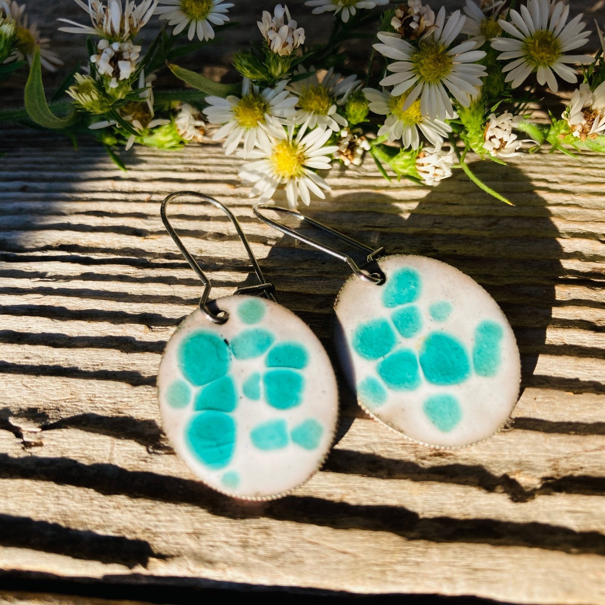 Green/White Polka Dot Enameled Coin Earrings - LoraLeeArtist