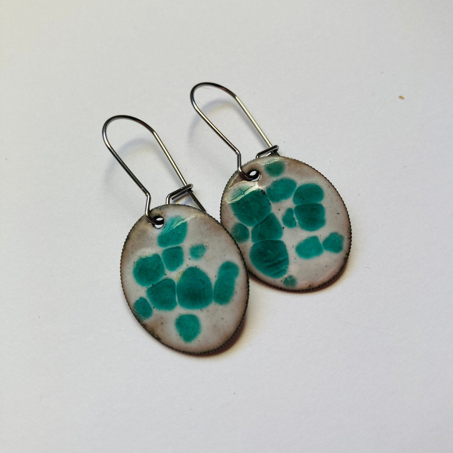 Green/White Polka Dot Enameled Coin Earrings - LoraLeeArtist