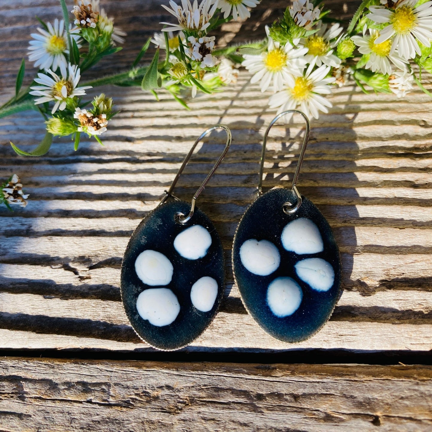 Navy Blue and White Enameled Coin Earrings - LoraLeeArtist