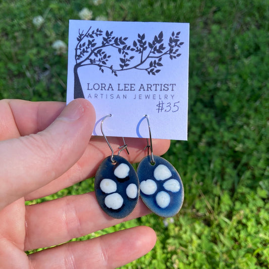 Navy Blue and White Enameled Coin Earrings - LoraLeeArtist