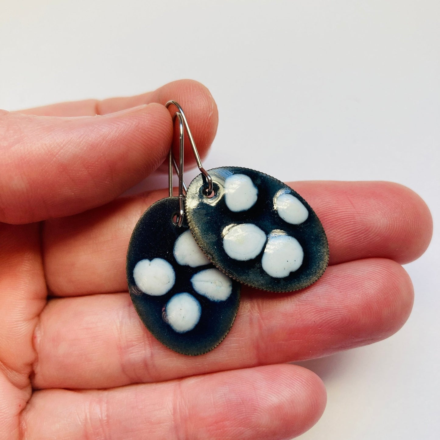 Navy Blue and White Enameled Coin Earrings - LoraLeeArtist