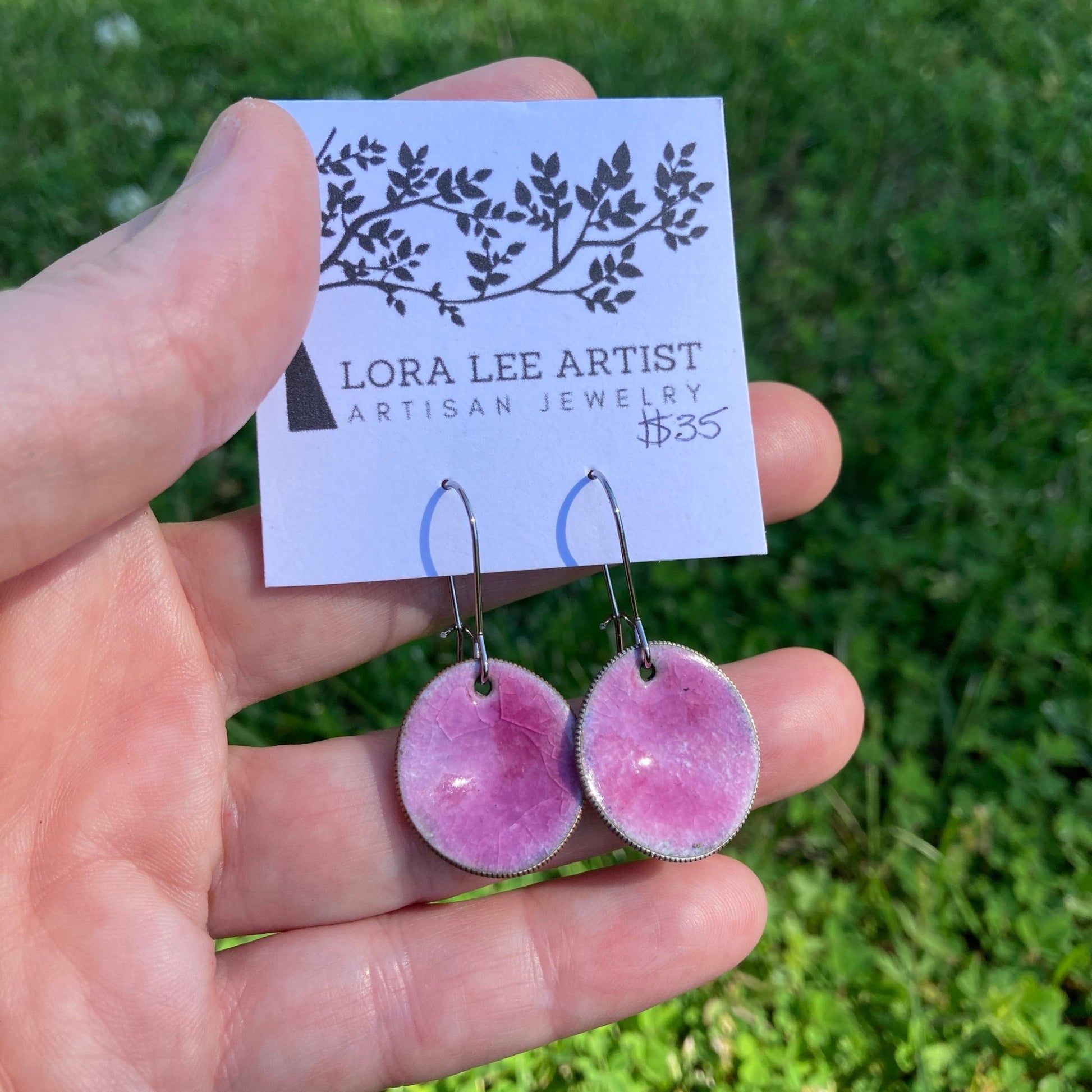 Pink Enameled Coin Earrings - LoraLeeArtist