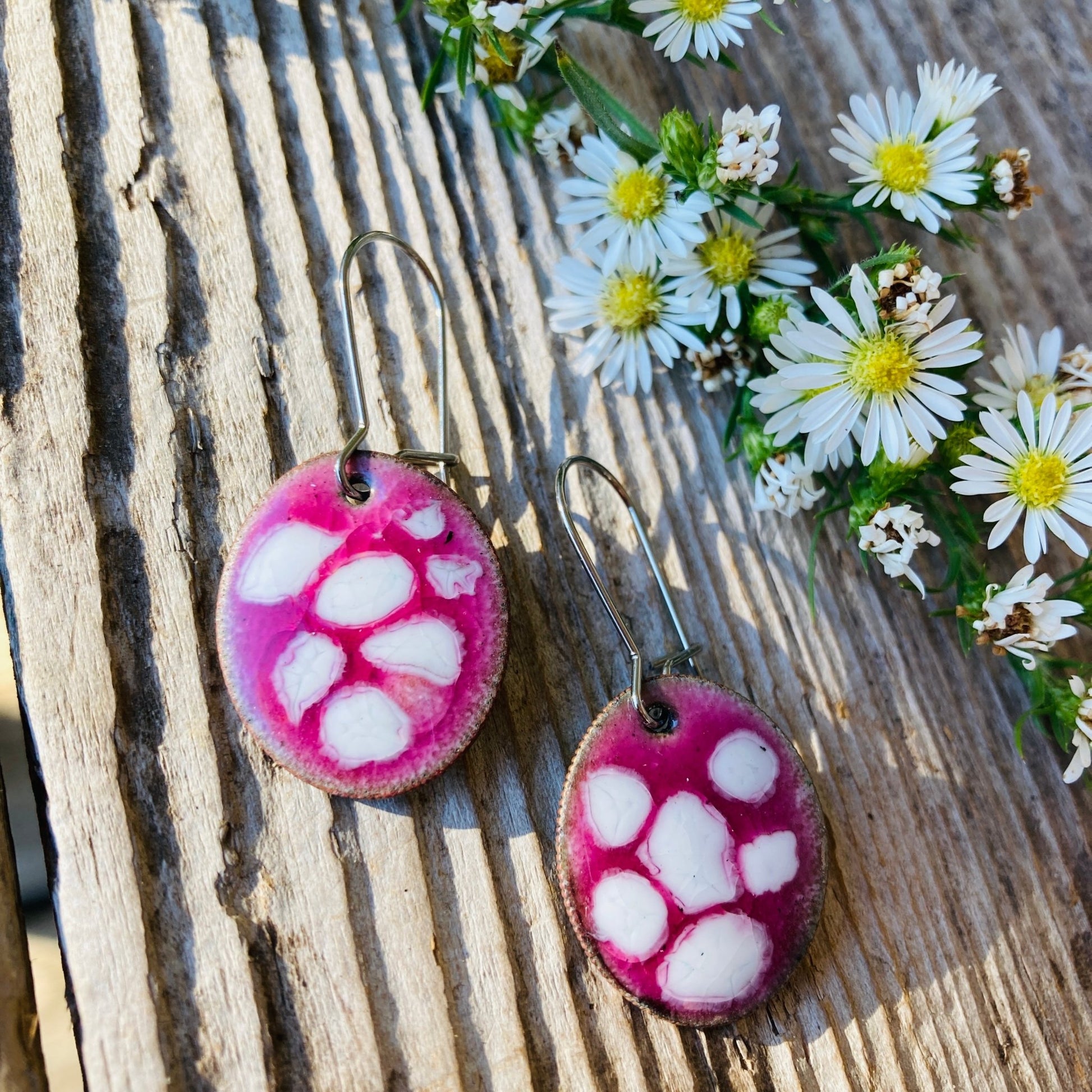 Pink/White Enameled Coin Earrings - LoraLeeArtist