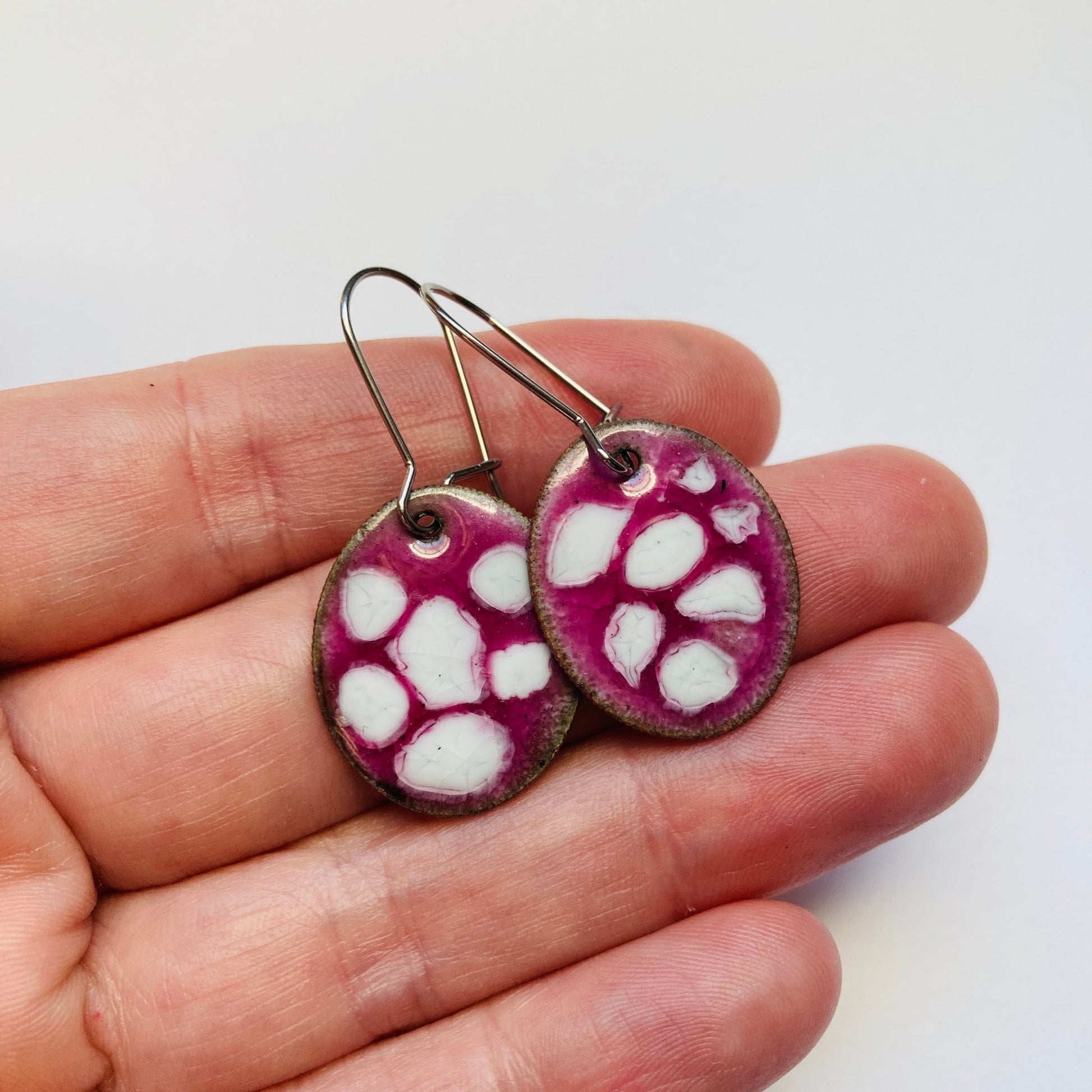 Pink/White Enameled Coin Earrings - LoraLeeArtist