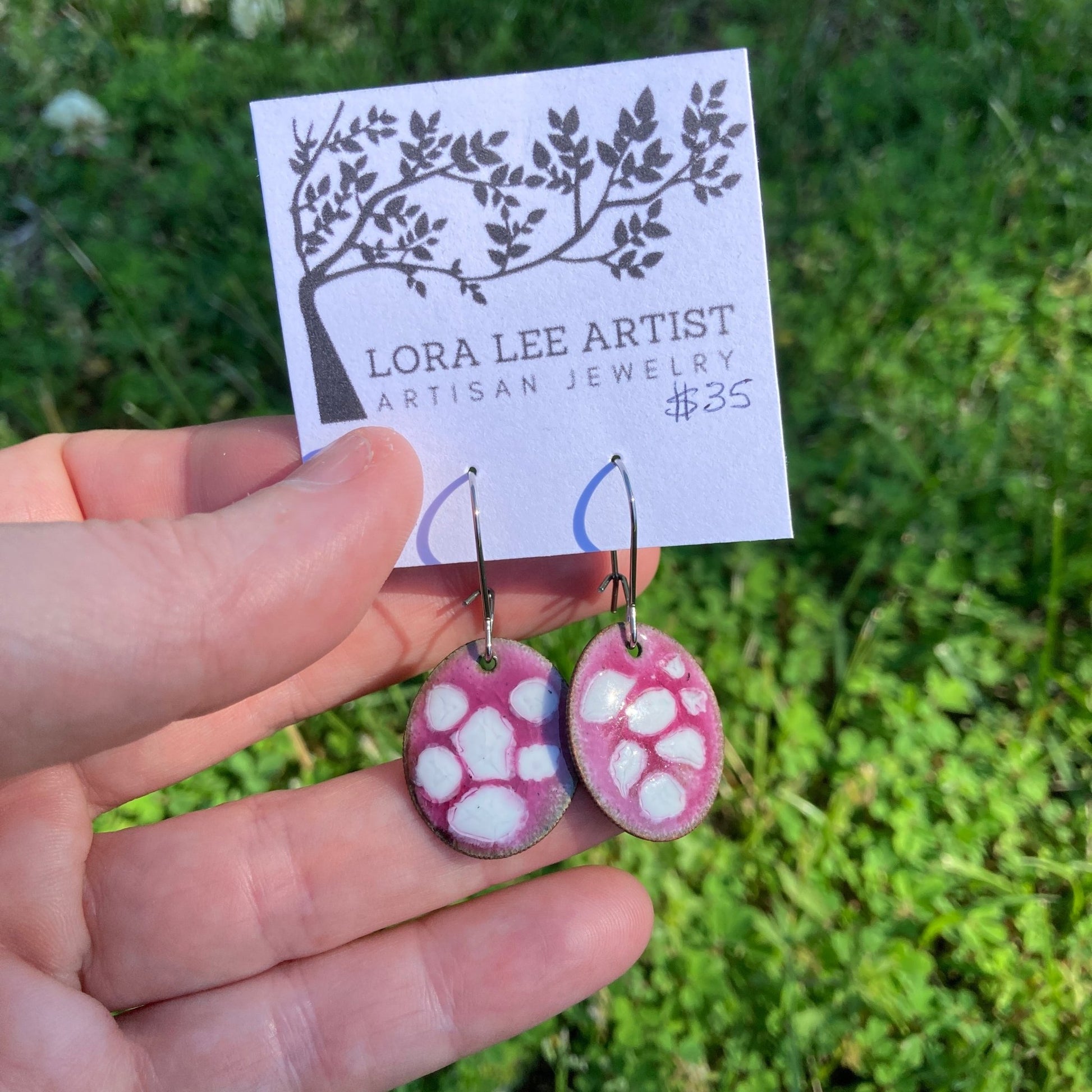 Pink/White Enameled Coin Earrings - LoraLeeArtist