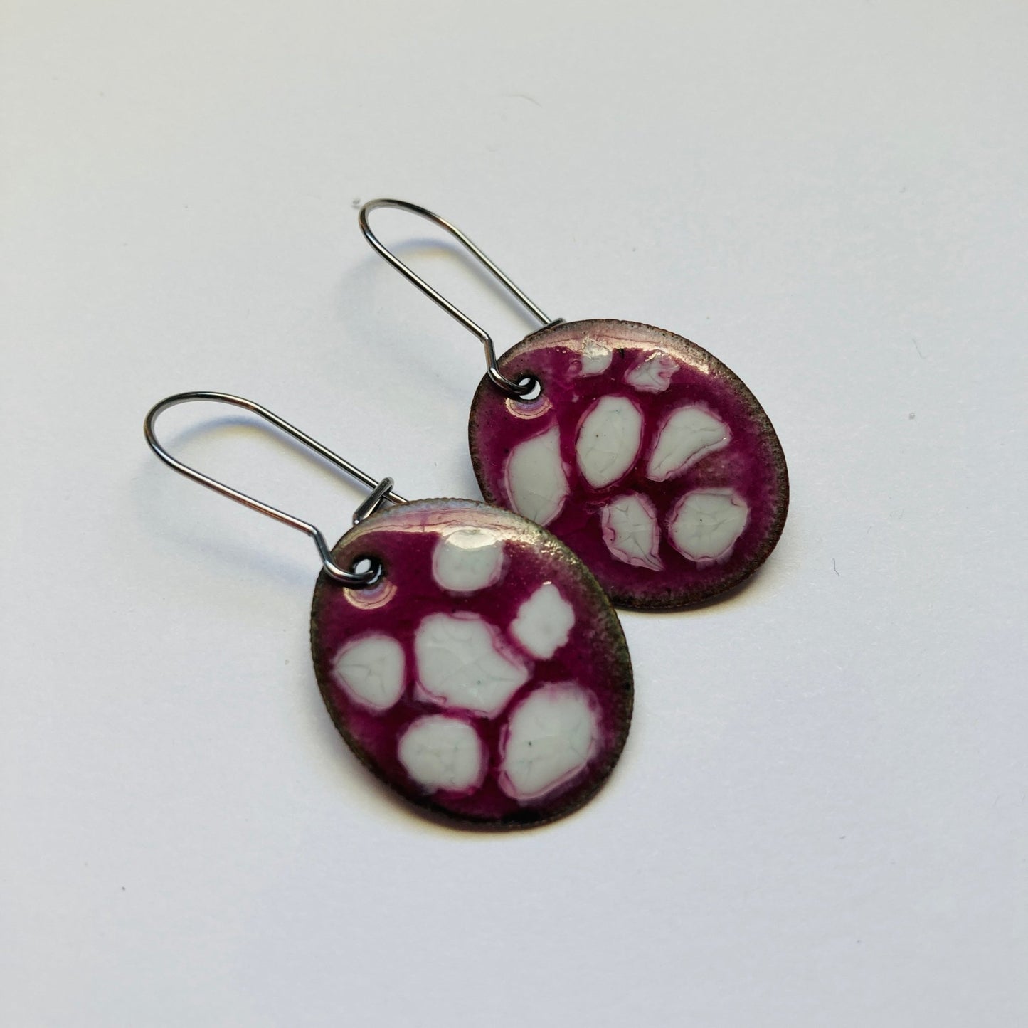 Pink/White Enameled Coin Earrings - LoraLeeArtist