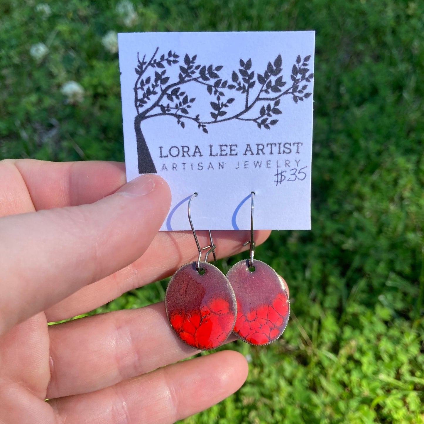 Red Enameled Coin Earrings - LoraLeeArtist