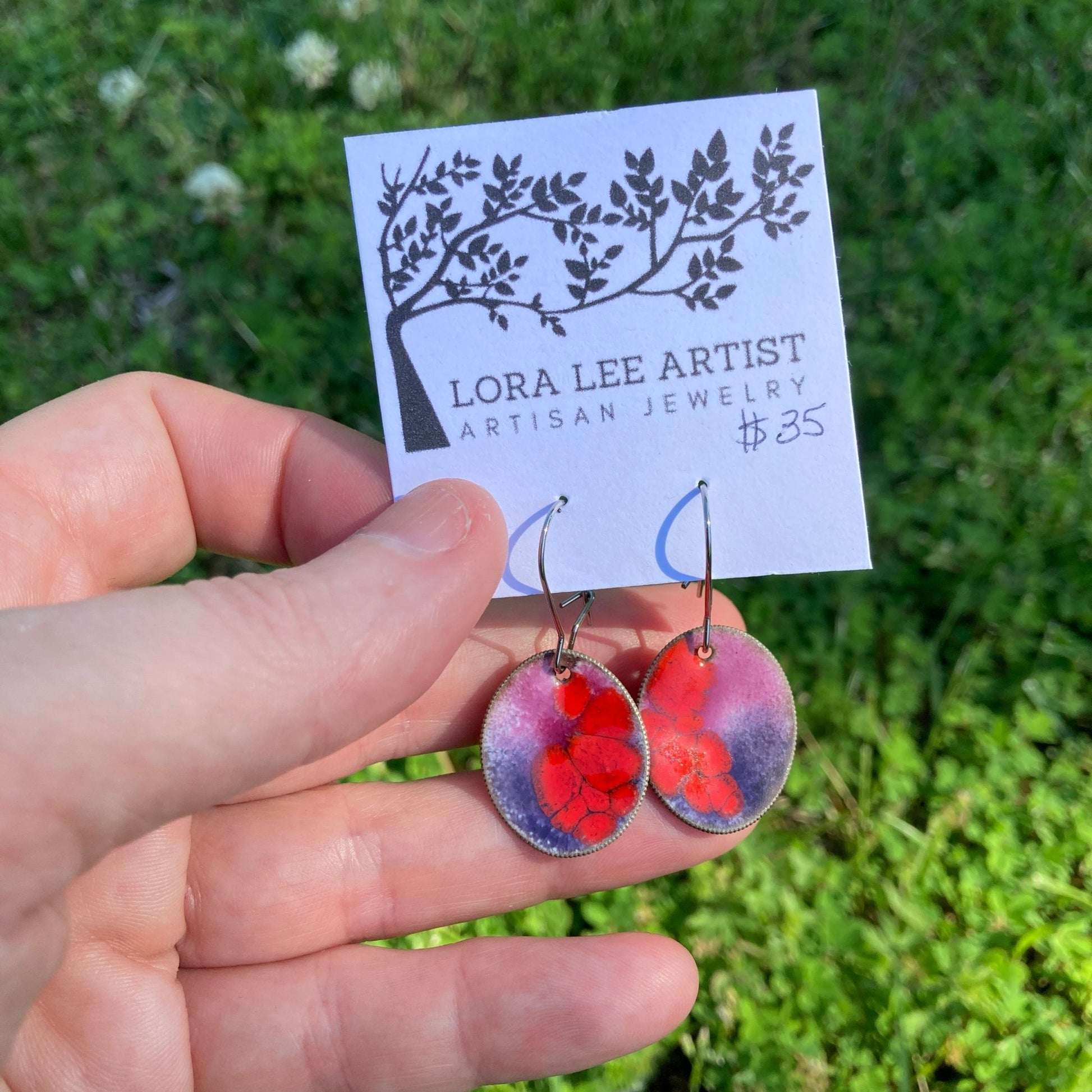 Red/Purple Enameled Coin Earrings - LoraLeeArtist