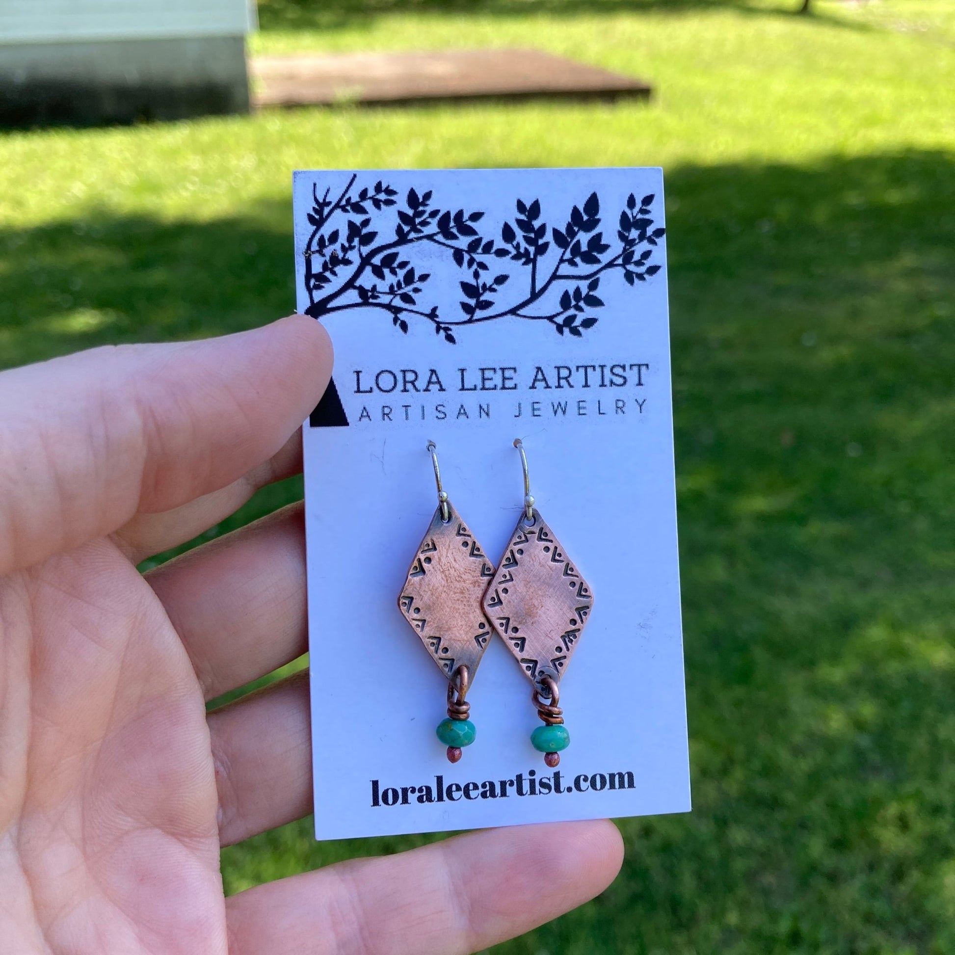 Stamped Copper Beaded Earrings - LoraLeeArtist