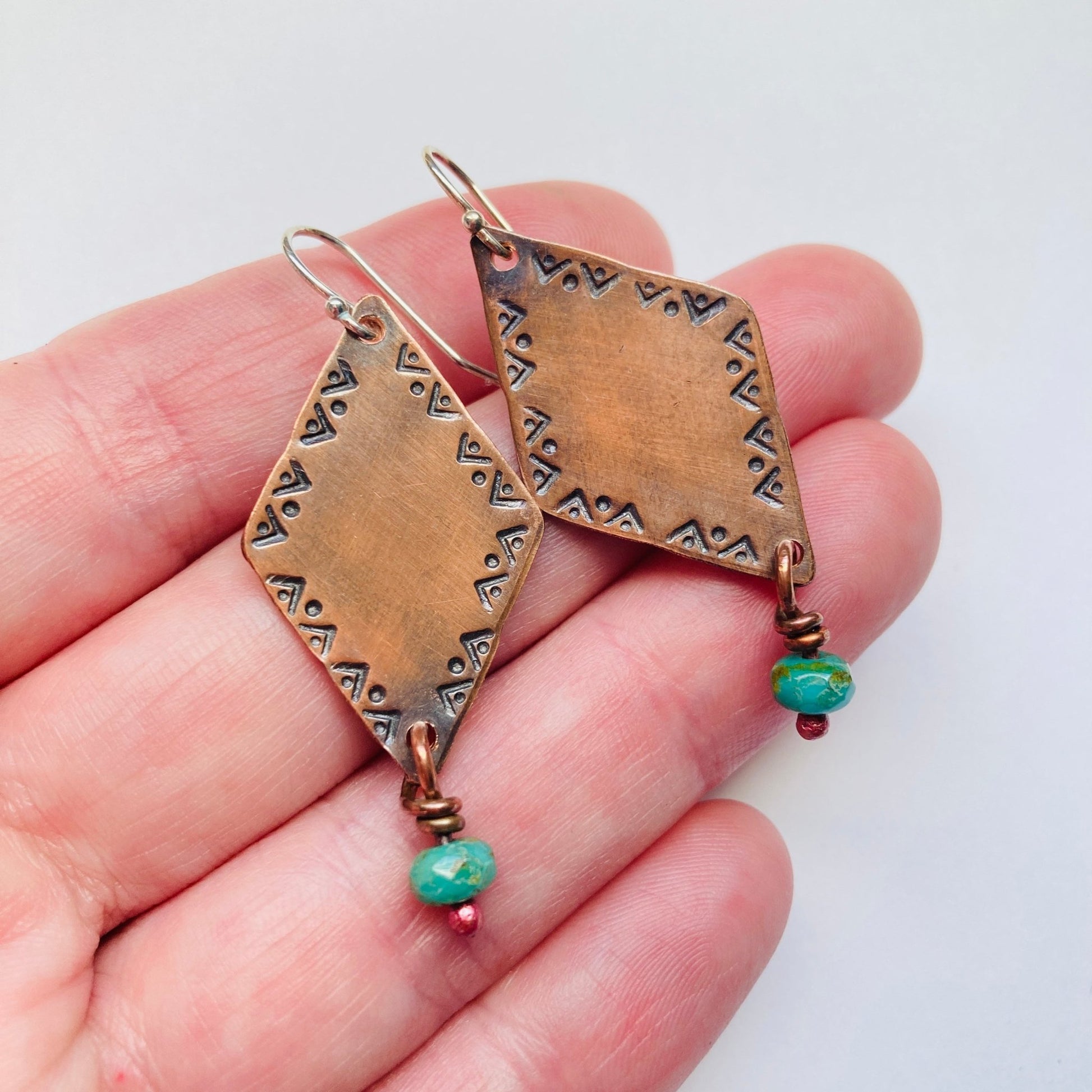 Stamped Copper Beaded Earrings - LoraLeeArtist