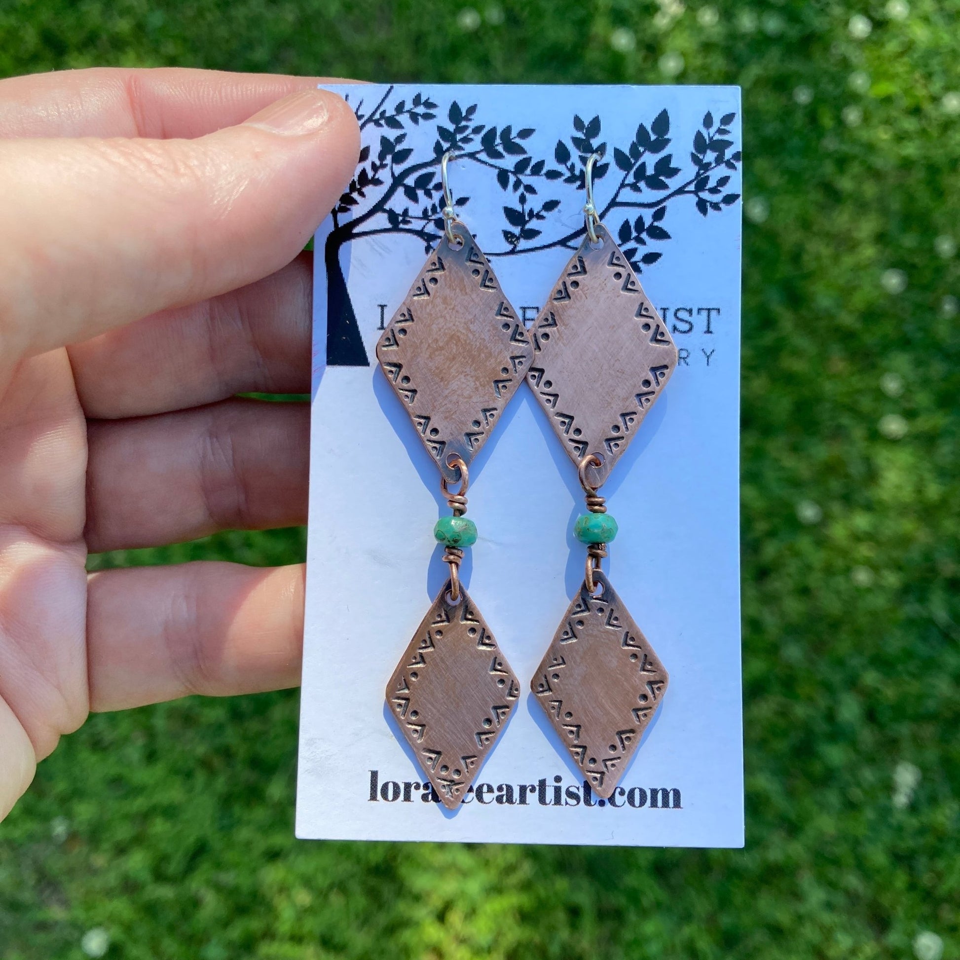 Stamped Copper Beaded Earrings - LoraLeeArtist