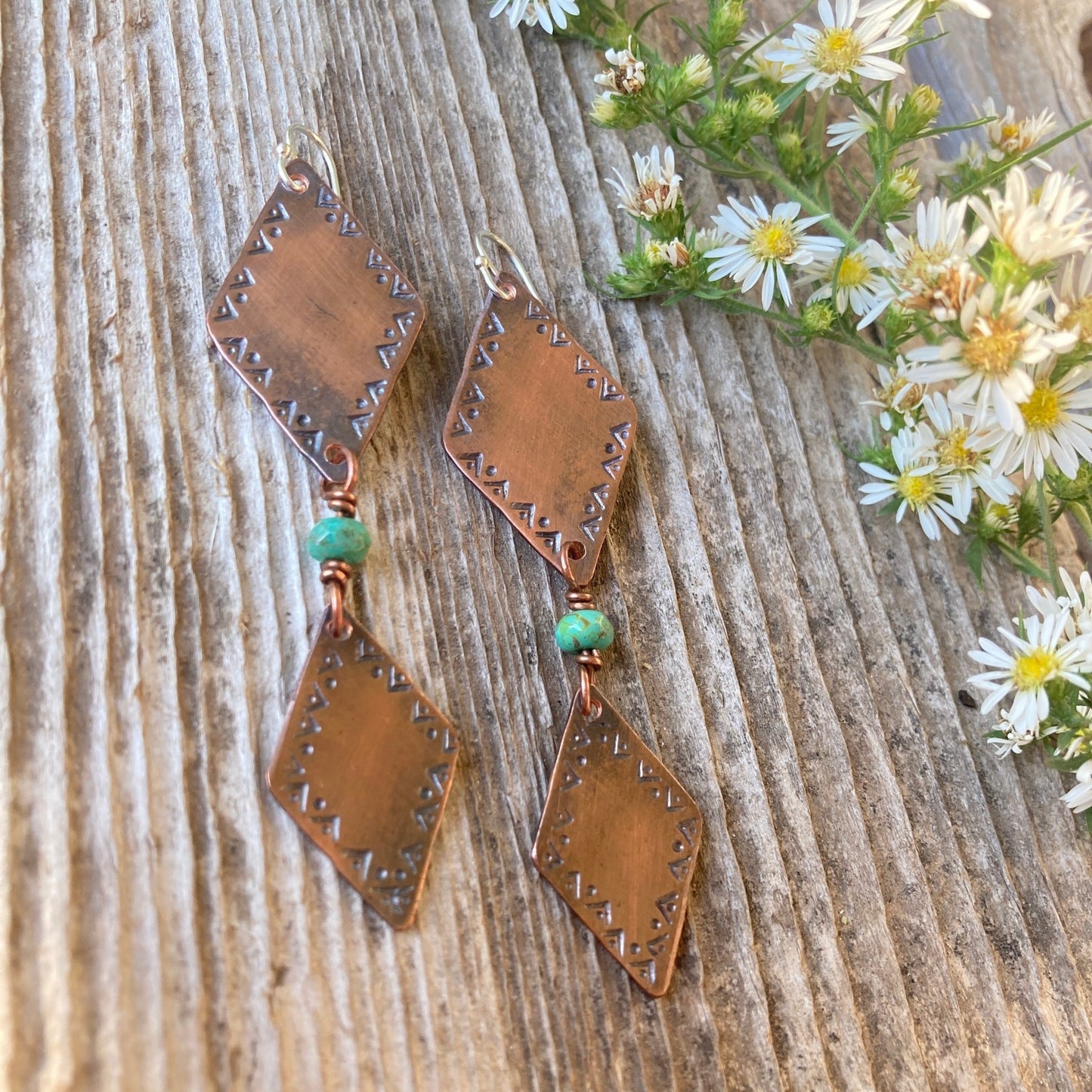 Stamped Copper Beaded Earrings - LoraLeeArtist