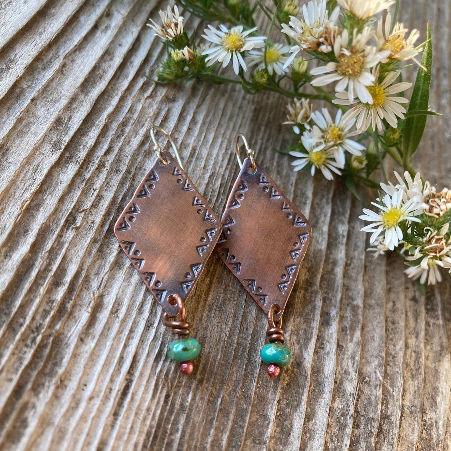 Stamped Copper Beaded Earrings - LoraLeeArtist