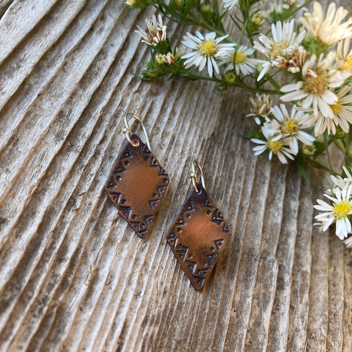 Stamped Copper Beaded Earrings - LoraLeeArtist