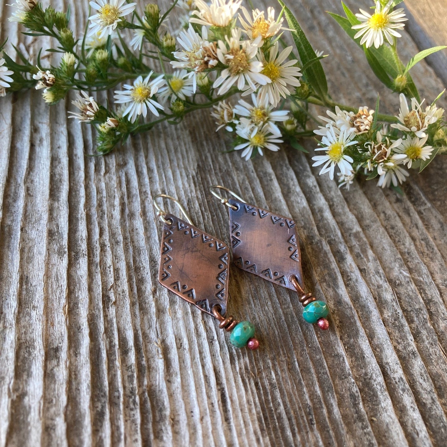 Stamped Copper Beaded Earrings - LoraLeeArtist