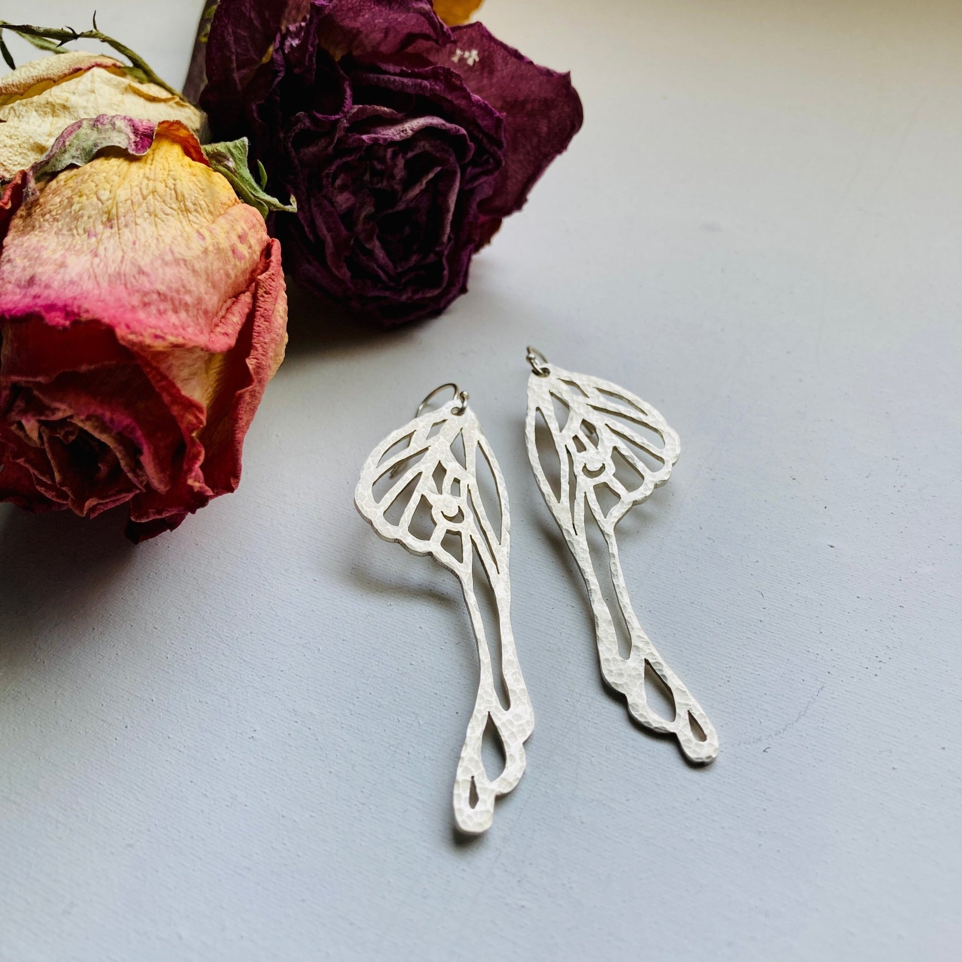 Sterling Silver Moth Moon Wing Earrings - LoraLeeArtist